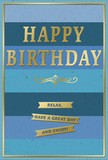 This birthday card is depicted as if standing proudly on a sideboard in a Brentwood home, its design combining soothing blues with elegant gold details to create a sense of calm celebration. The background features wide horizontal stripes, each one slightly different in shade, moving from deep navy at the base to softer ocean, teal, and sky blues toward the top. This subtle gradient draws the eye gently upward, giving the card depth and an airy, relaxed mood. In the central area, the message HAPPY BIRTHDAY appears in bold, embossed gold capitals. The letters stand out cleanly against the blues, their metallic finish catching the light with a warm, inviting gleam rather than a sharp reflection. Just below this main text, a decorative golden flourish adds a note of classic style, like a small piece of fine calligraphy. Underneath the flourish, three slim gold banners are stacked, each carrying part of a friendly message that together reads: Relax, have a great day and enjoy! The alignment of these banners keeps the design organised and balanced, much like a well-arranged floral display. A fine gold line runs neatly around the edge of the card, acting as a frame that brings all the visual elements together into one cohesive picture. The blue areas appear matte and velvety, while the gold sections look slightly raised and glossy, suggesting a pleasing tactile contrast when held in the hand. Overall, the card conveys an atmosphere of thoughtful, quiet joy, perfectly suited for a birthday greeting delivered with fresh flowers anywhere around Brentwood, from quiet residential lanes to the bustling high street.